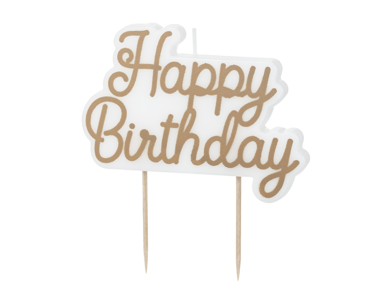 Fødselsdags kagelys ”Happy Birthday” i koldguld, 7,5x10 cm - PartyDeco