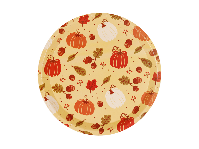 Orange paptallerkener med græskar og agern, ca. 23 cm i diameter – 6 stk.