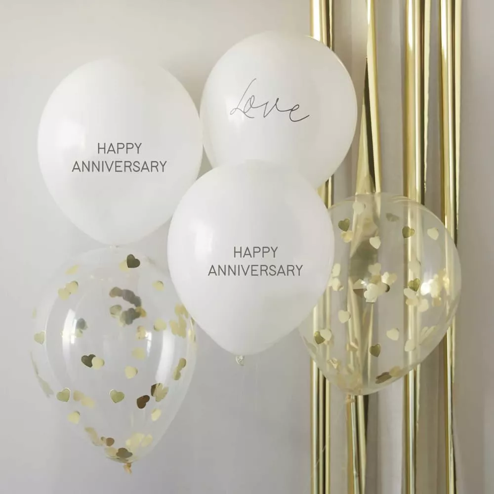 Happy Anniversary Banner – Jubiläumsdekoration Mit Goldenem Glitzer & Roten Herzen